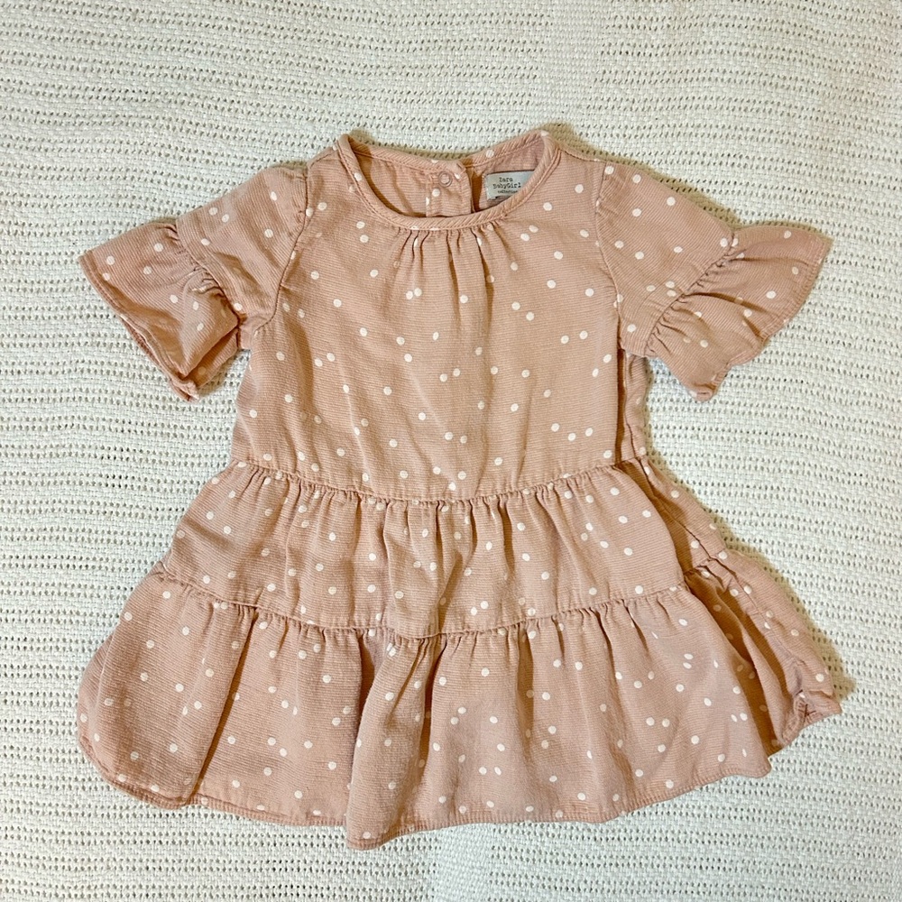 ZARA Baby Girl Polka Dot Lyocell Short Bell Sleeve Tiered Dress Pink 12-16M